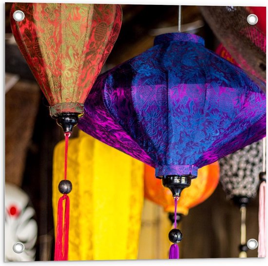 Tuinposter – Chinese Lampjes - 50x50cm Foto op Tuinposter  (wanddecoratie voor buiten en binnen)