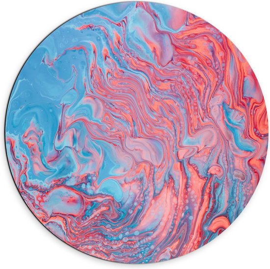 Dibond Wandcirkel - Blauw met Roze Verf Gemengd - 70x70cm Foto op Aluminium Wandcirkel (met ophangsysteem)