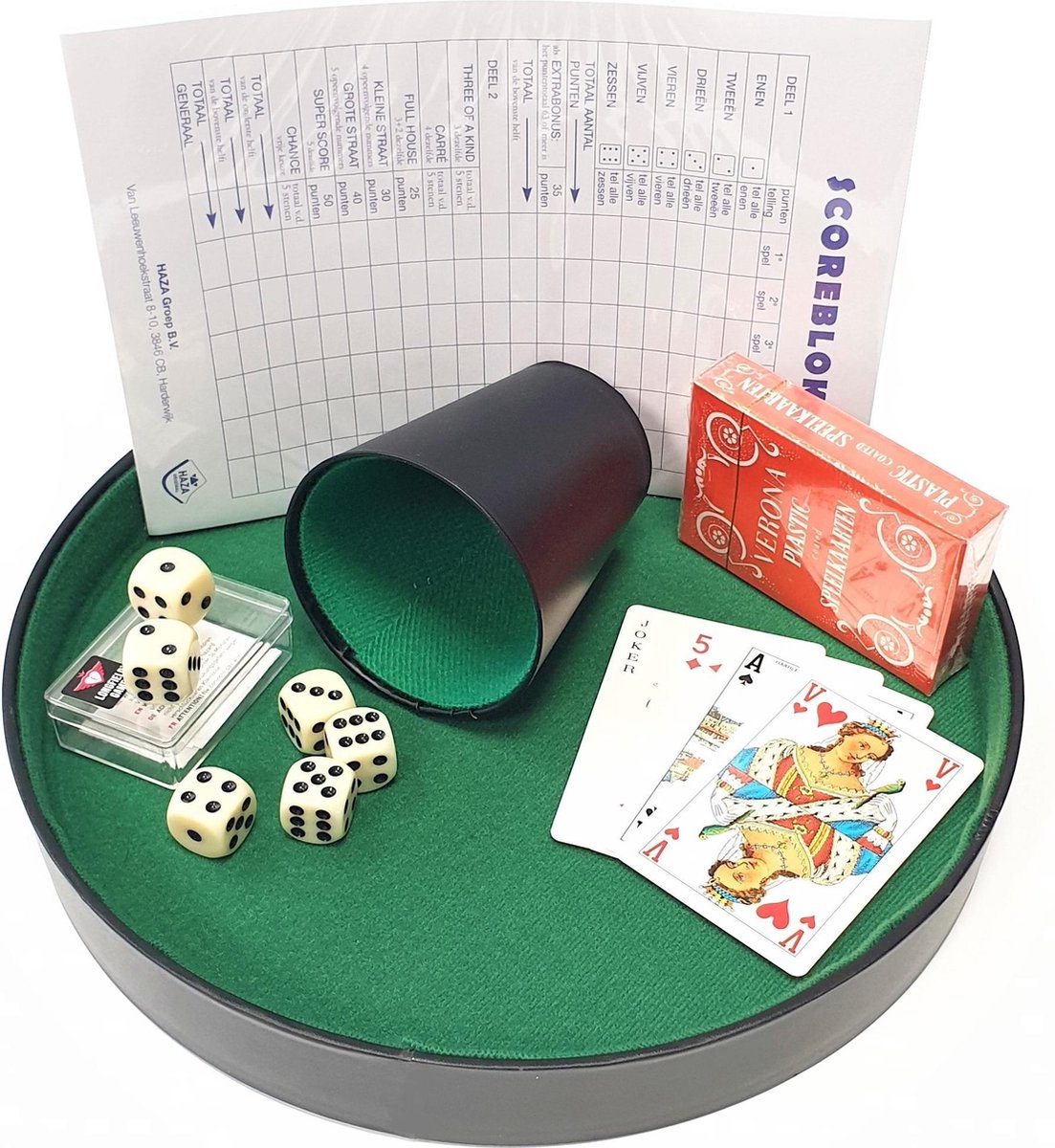 Compleet Dobbelset/Yahtzee Deluxe. Pokerpiste 26cm, beker,