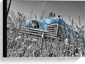 Canvas  - Blauwe Retro Auto in Gras - 40x30cm Foto op Canvas Schilderij (Wanddecoratie op Canvas)