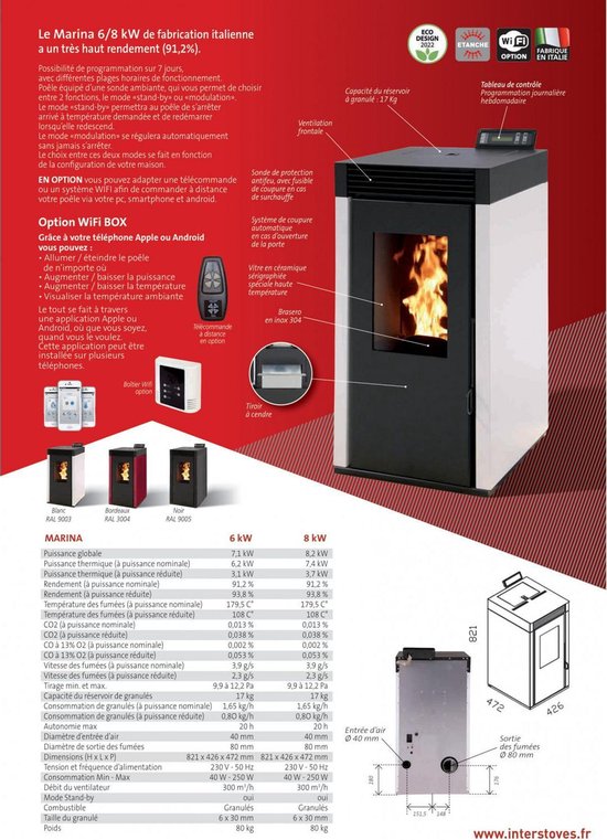 Poêle à granulés LINA étanche 8 Kw INTERSTOVES, modèle MOD8EL