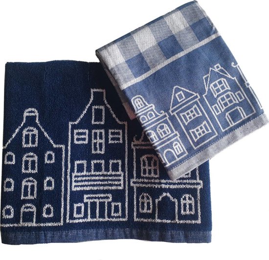 Rond en rond Intrekking Miniatuur Grachtenpandjes blauwe theedoek en handdoek set | bol.com