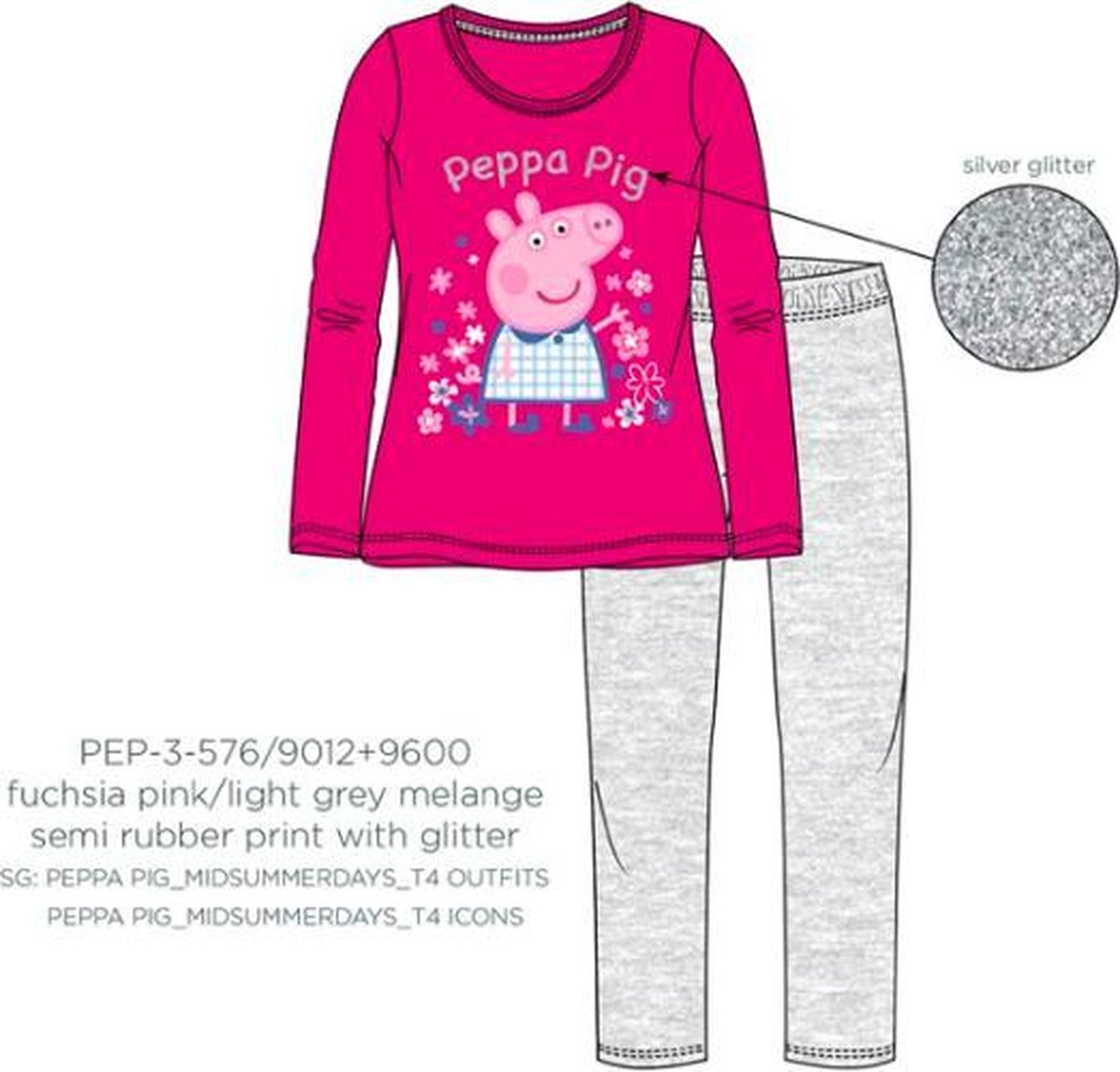 Peppa Pig pyjama - fushia - grijs - Maat 128 / 8 jaar fuhsia grijs
