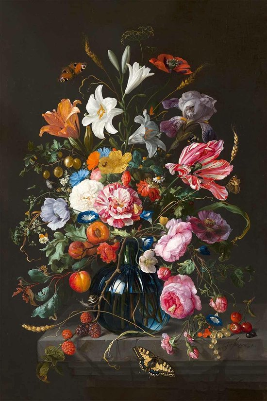 Vaas met Bloemen op Textiel in zwart Frame - WallCatcher | 120 x 80 cm | Jan Davidsz. de Heem | Ware Meester aan de muur!