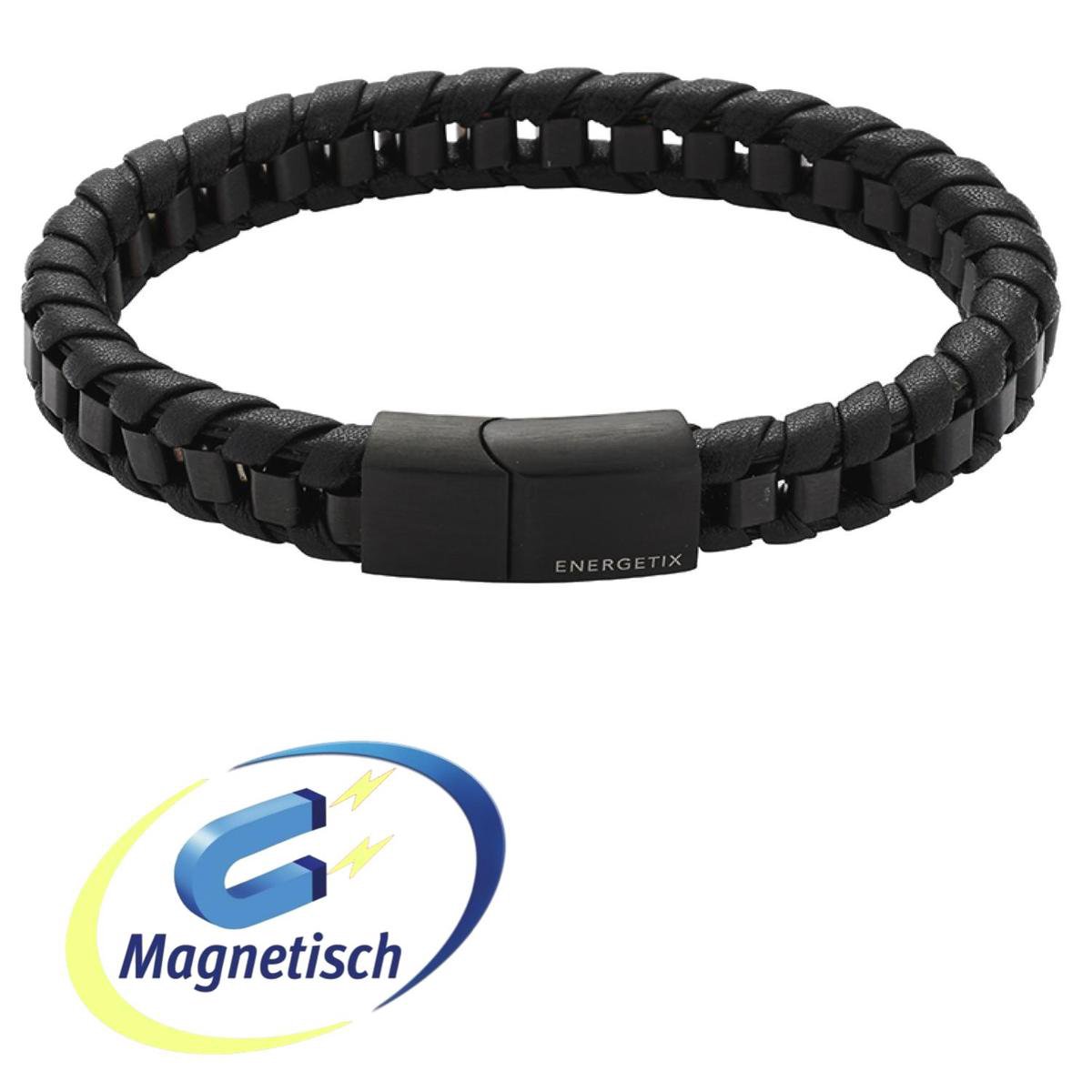 Energetix Magneet Armband 3969-1 - roestvrij staal - gevlochten leer -  kleur Zwart -... | bol
