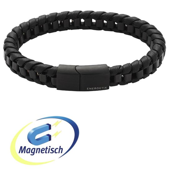Energetix Magneet Armband 3969-1 - roestvrij staal - gevlochten leer -  kleur Zwart -... | bol.com