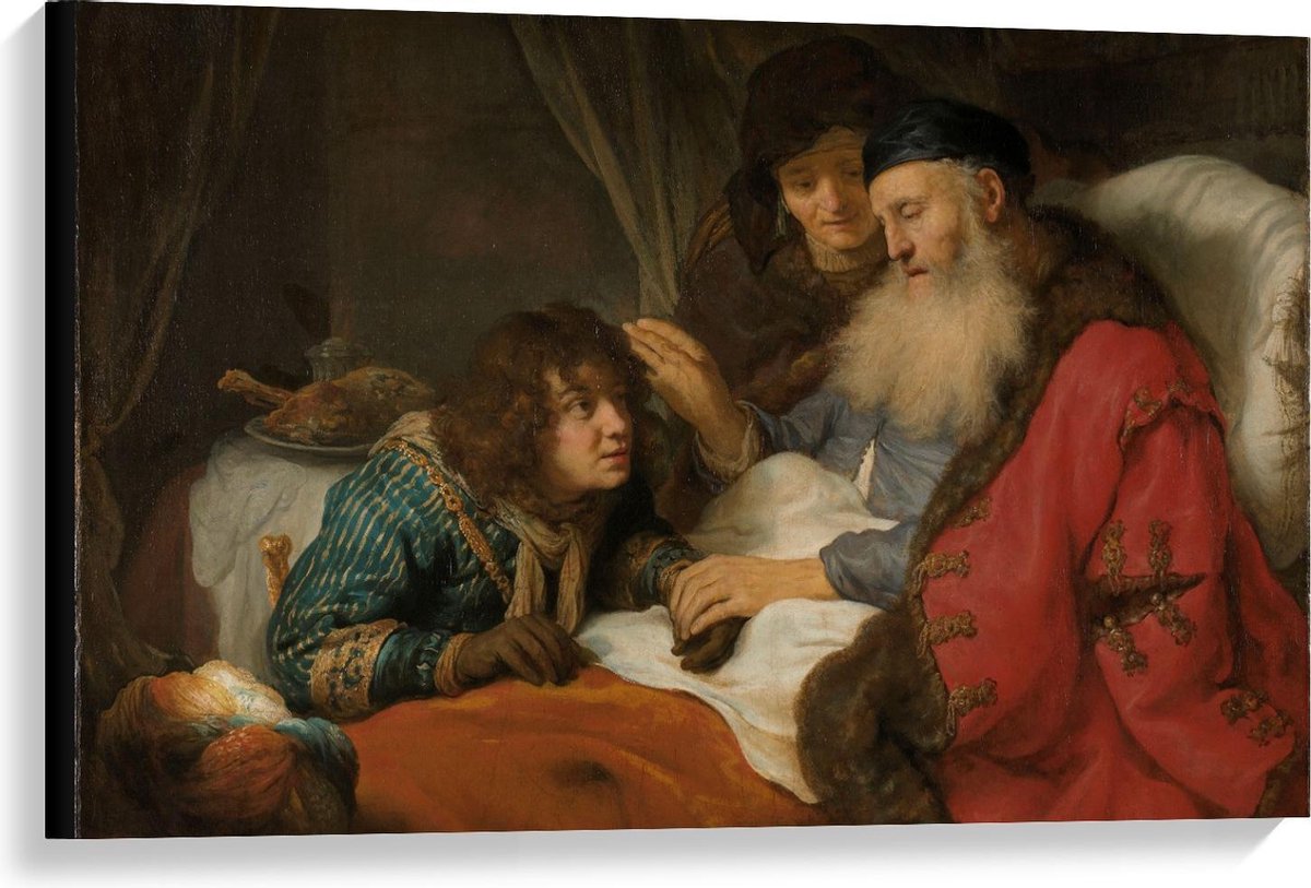 KuijsFotoprint Canvas - Oude Meesters - Isaak zegent Jakob, Govert Flinck, ca. 1638 - 90x60cm Foto op Canvas Schilderij (Wanddecoratie op Canvas) Rood