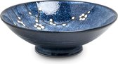 exclusief Japans servies Hana  soepkom, saladekom, rijstkom, fruitschaal, pastaschaal, uitmuntende kwaliteit doorsnede 24,5 cm hoogte 8 cm inhoud 1100 cc kleur blauw wit zwart bloe