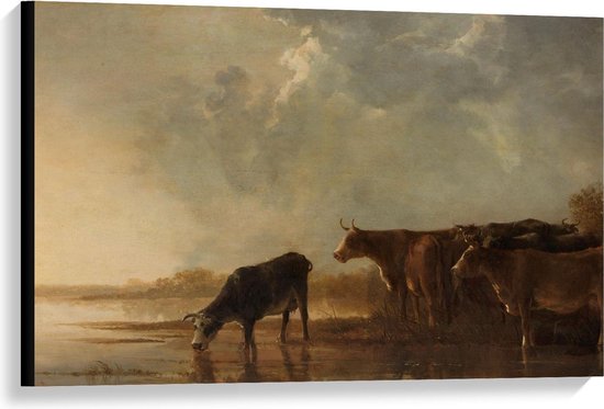 Canvas  - Oude Meesters - Rivierlandschap met koeien, Aelbert Cuyp, 1640 - 1650 - 90x60cm Foto op Canvas Schilderij (Wanddecoratie op Canvas)