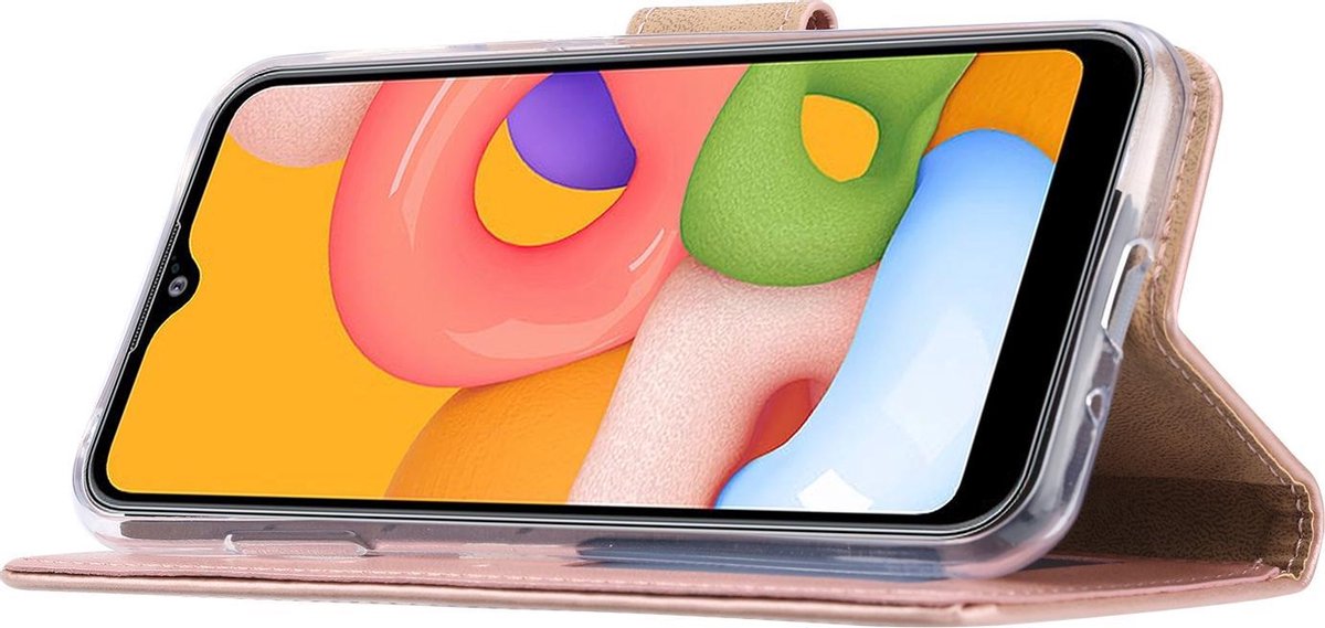 BixB Samsung Galaxy A01 hoes book case Rose Gold + tempered glas screenprotector