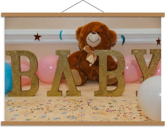 Schoolplaat – Gouden Letters 'Baby' met Teddybeer - 90x60cm Foto op Textielposter (Wanddecoratie op Schoolplaat)