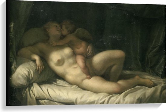 Canvas  - Oude Meesters - Venus door Amor gekust, Adriaen van der Werff - 90x60cm Foto op Canvas Schilderij (Wanddecoratie op Canvas)