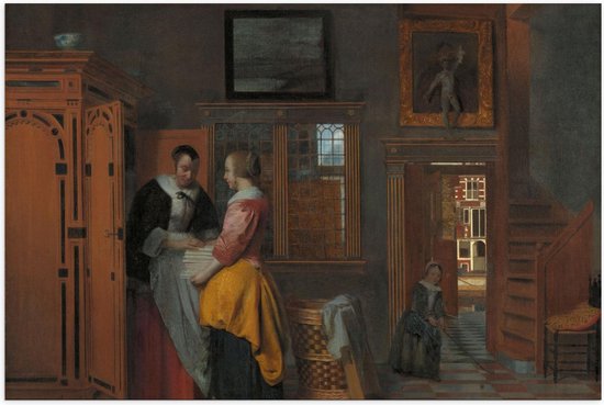 Poster – Oude meesters - Binnenhuis met vrouwen bij linnenkast, Pieter de Hooch - 120x80cm Foto op Posterpapier