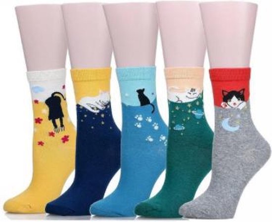 Sokken dames 5 paar - print kat - katten - maat 36-40 - grijs - blauw - geel - groen - rood - cadeau