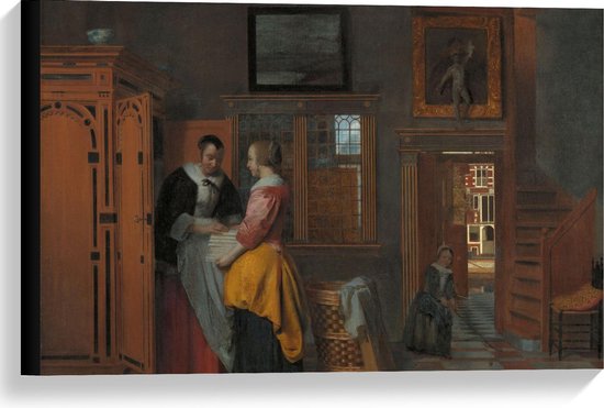 Canvas  - Oude meesters - Binnenhuis met vrouwen bij linnenkast, Pieter de Hooch - 60x40cm Foto op Canvas Schilderij (Wanddecoratie op Canvas)