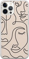 iPhone 12 Pro Max hoesje siliconen - Abstract gezicht lijnen - Soft Case Telefoonhoesje - Print / Illustratie - Transparant, Beige