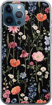 iPhone 12 Pro hoesje siliconen - Dark flowers - Soft Case Telefoonhoesje - Bloemen - Transparant, Zwart