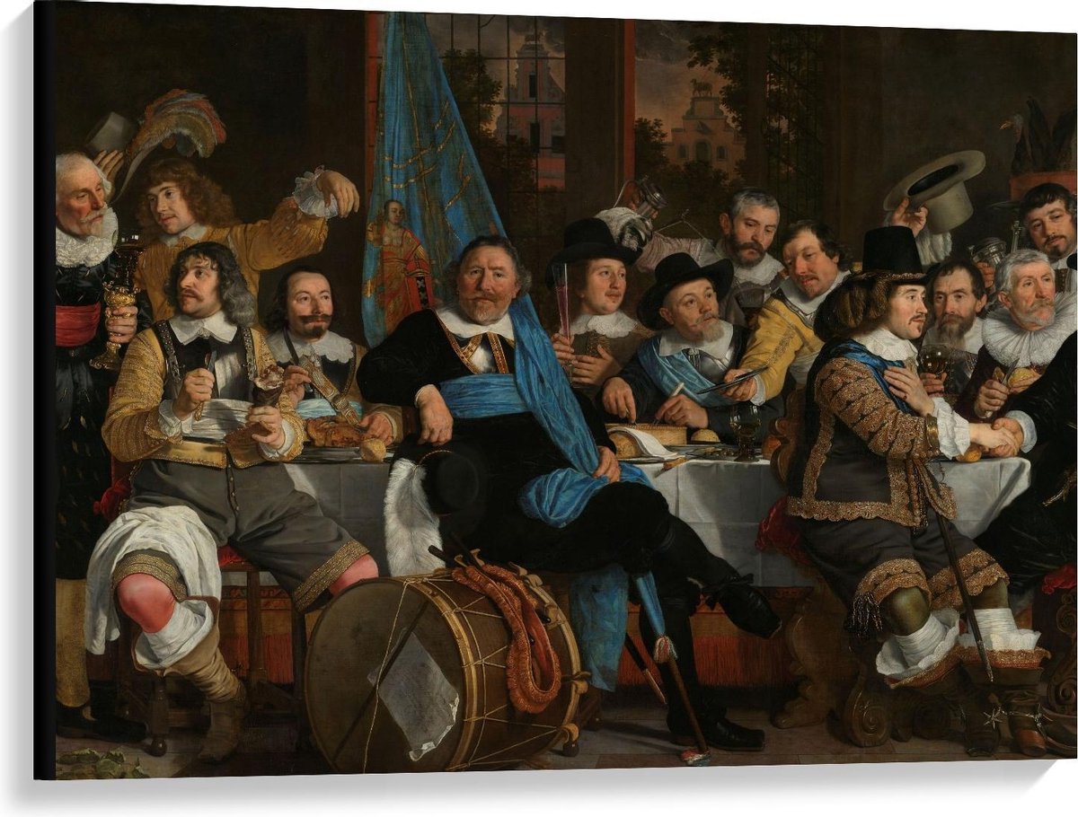 KuijsFotoprint Canvas - Oude Meesters - Maaltijd, Vrede van Munster, Bartholomeus v der Helst - 100x75cm Foto op Canvas Schilderij (Wanddecoratie op Canvas) Rood