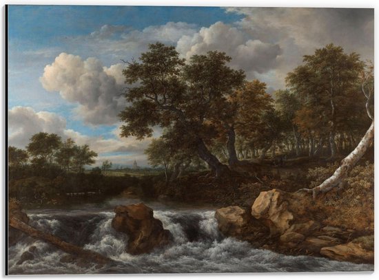 Dibond - Oude Meesters - Landschap met waterval, Jacob Isaacksz van Ruisdael - 40x30cm Foto op Aluminium (Met Ophangsysteem)