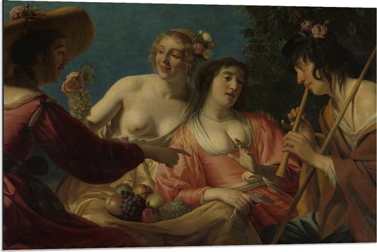 Dibond - Oude Meesters - Fluitspelende herder & herderinne, Gerard v Honthorst - 90x60cm Foto op Aluminium (Met Ophangsysteem)