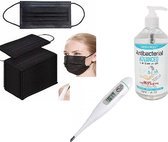 Fohwa Wegwerp Mondkapjes Zwarte 3 laags 50 stuks (Niet medisch) met thermometer  & 500 ml Handgel