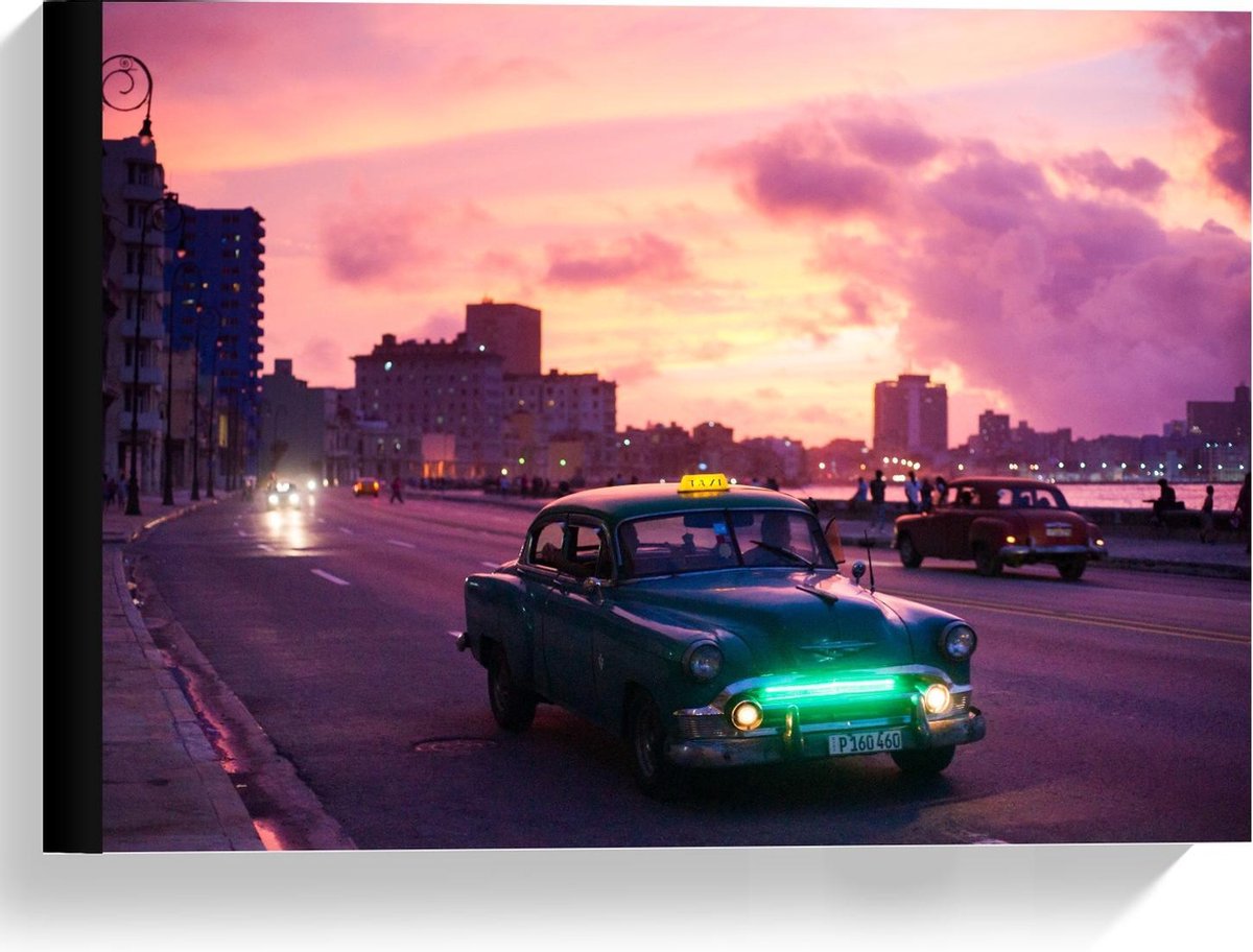 KuijsFotoprint Canvas - Auto's op Weg met Roze Lucht - 40x30cm Foto op Canvas Schilderij (Wanddecoratie op Canvas) Blauw