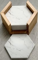 Marmer onderzetters - keramisch - bamboe houder - voor glazen - zeshoekig - hexagon