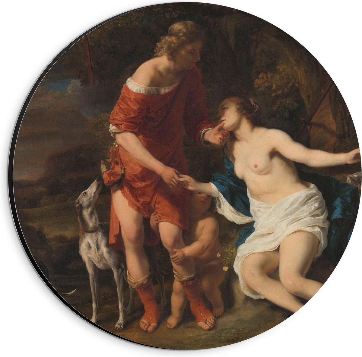 KuijsFotoprint Dibond Wandcirkel - Oude Meesters - Venus en Adonis, Ferdinand Bol, ca. 1658 - 20x20cm Foto op Aluminium Wandcirkel (met ophangsysteem) Rood