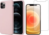 Hoesje geschikt voor iPhone 12 Pro Max - Screenprotector GlassGuard - Roze Liquid Siliconen Case