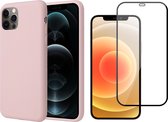 Hoesje geschikt voor iPhone 12 Pro Max - Screenprotector FullGuard - Roze Liquid Siliconen Case