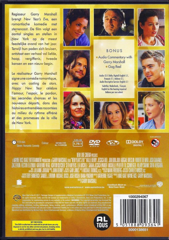 Achterkant DVD hoes met filmbeschrijving, 17 portretten van acteurs, bonusmateriaal en technische details. Titel 'New Year's Eve'.