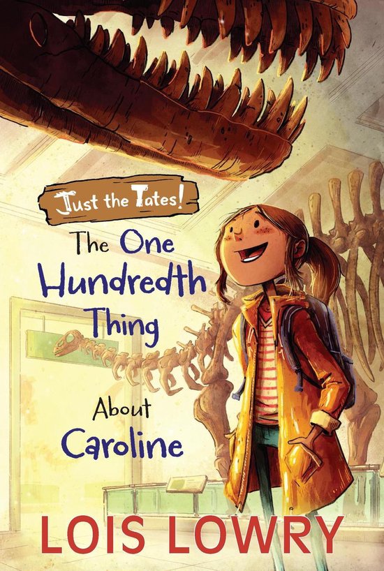 Boekomslag: Caroline in gele jas kijkt naar een T-Rex schedel in een museum onder de titel Just the Tates!