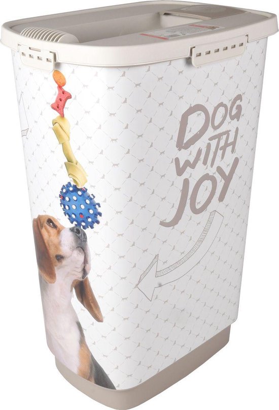 Flamingo voerton hond – June 43L – grote kunststof voercontainer met schep & deksel – luchtdichte opslag hondenvoer – taupe/wit