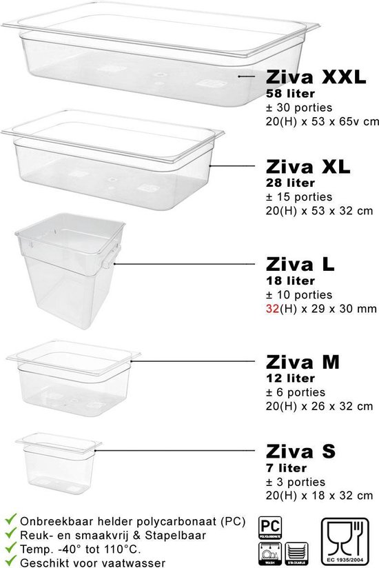 Ziva XLarge sous-vide waterbak 24 liter (polycarbonaat) + deksel met uitsparing voor sous-vide sticks - Ziva