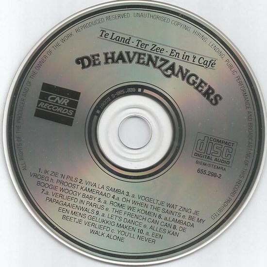 Cd-hoes van De Havenzangers, met de titel 'Te Land - Ter Zee - En in t Café'.