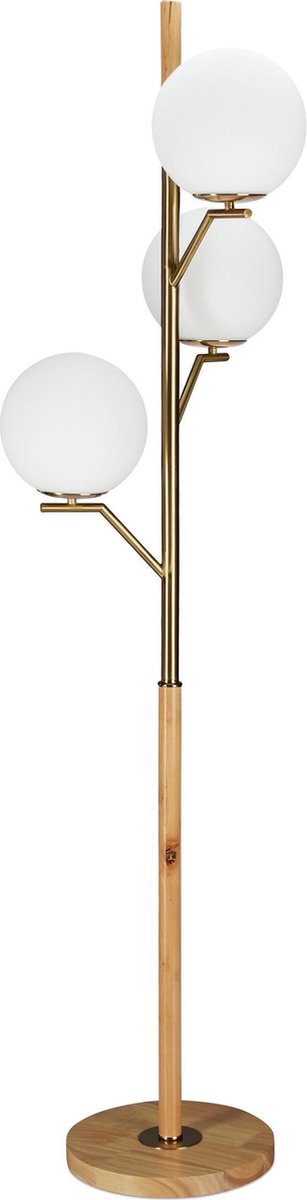 relaxdays staande lamp 3 bollen - vloerlamp 3 lichts - glazen bollen - hout metaal | bol.com