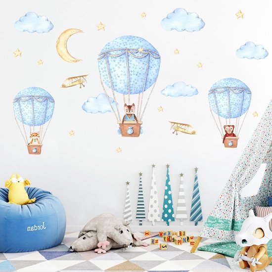 Muursticker | Dieren in Luchtballon | Sterren | Wanddecoratie | Muurdecoratie | Slaapkamer | Kinderkamer | Babykamer | Jongen | Meisje | Decoratie Sticker