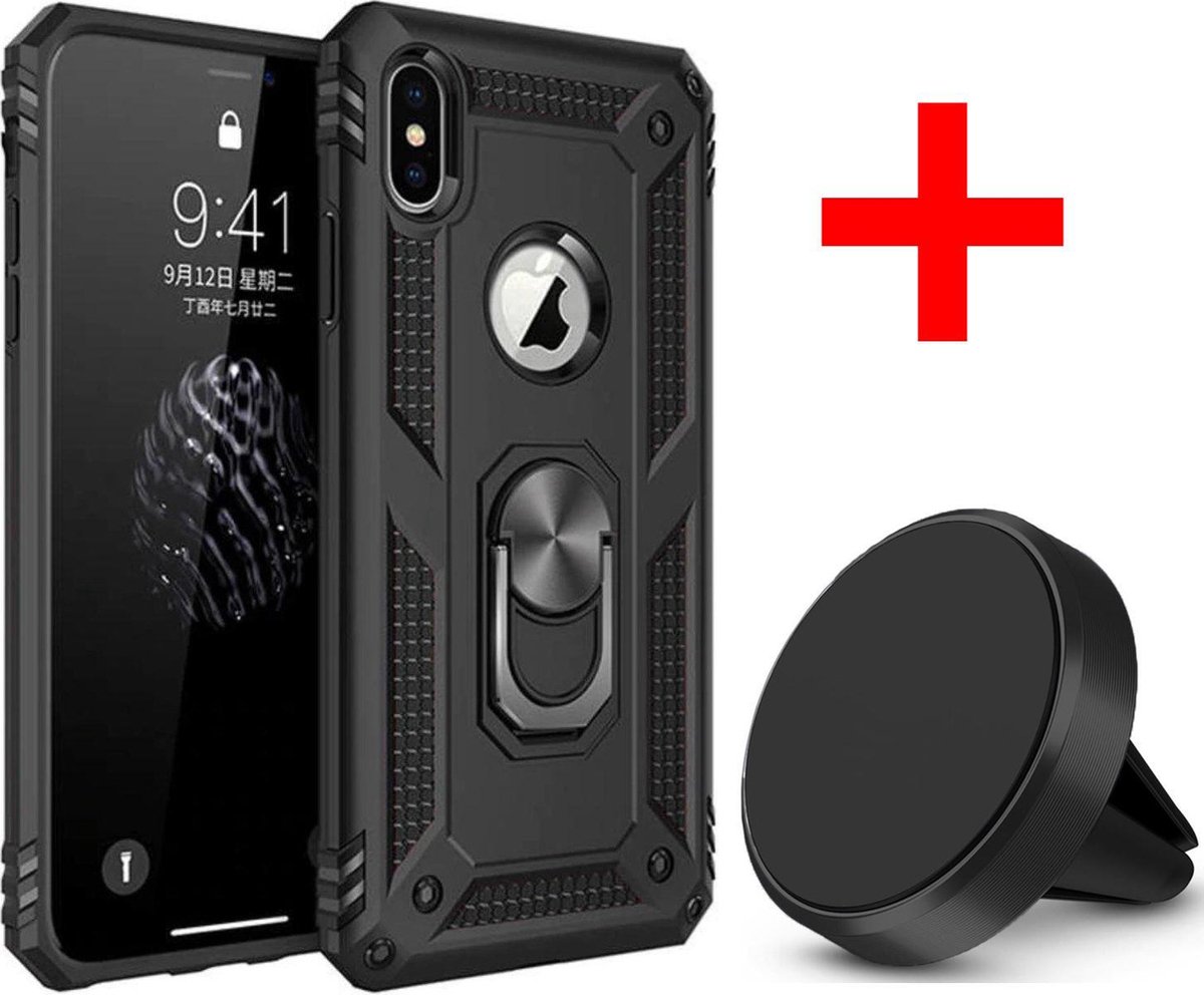 Geschikt voor Apple iPhone X - XS Backcover - Zwart - Magnetisch- Ring - Inclusief Magneet