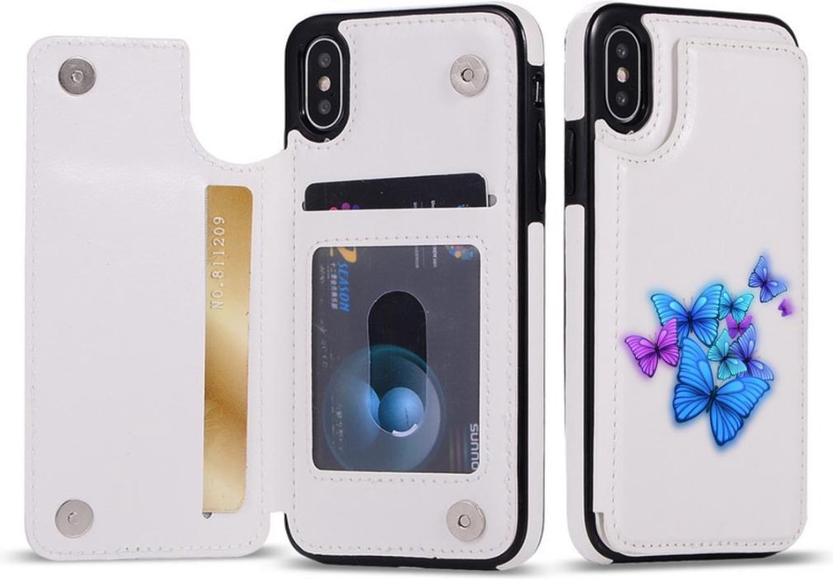 Apple Iphone X / XS wit vlinder backcover hoesje met handig opbergsysteem voor pasjes - Vlinders
