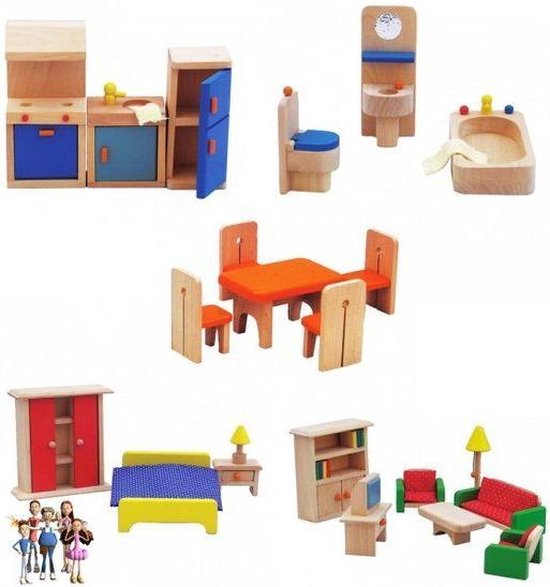 Houten Poppenhuis roze - 8-delig meubelset - 70cm