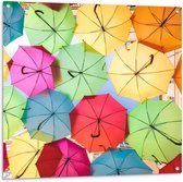 Tuinposter – Onderkant Gekleurde Paraplu's - 100x100cm Foto op Tuinposter  (wanddecoratie voor buiten en binnen)