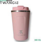 Koffiebeker To Go - Lekvrij -  Thermosbeker RVS - Dubbelwandig - Reisbeker - Thermosfles - 380 ML – Roze