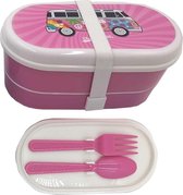 Lunchbox / bentobox roze VW T1 kampeerbus / campervan  , Volkswagen . Incl kleine vork en lepel