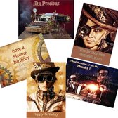 Steampunk wenskaarten set Glover, 5 Steampunk wenskaarten, Steampunk rouwkaart, Fantasy wenskaart