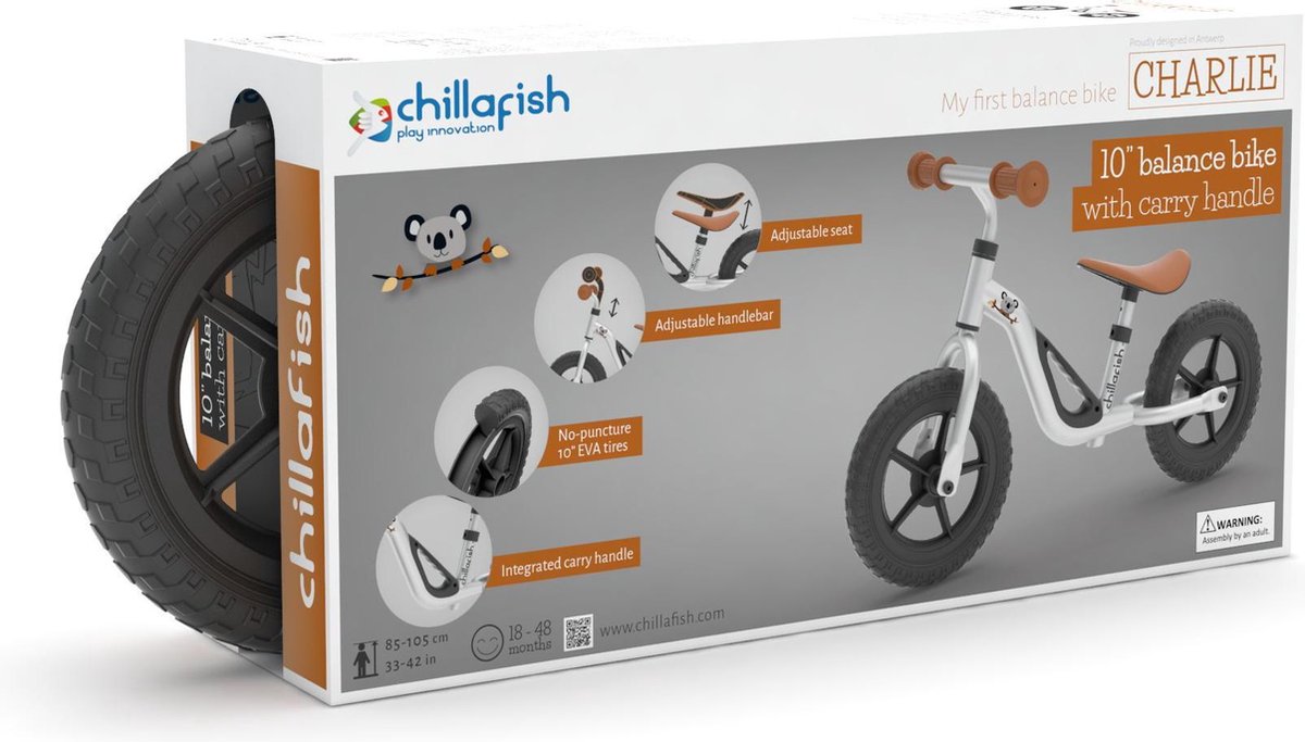 Chillafish Loopfiets 2 jaar - Lichtgewicht met verstelbaar zadel en stuur - Zilver- Loopfiets voor jongens en meisjes tot 4 jaar met handvat om te dragen en anti lek banden - Model Charlie — afbeelding 5