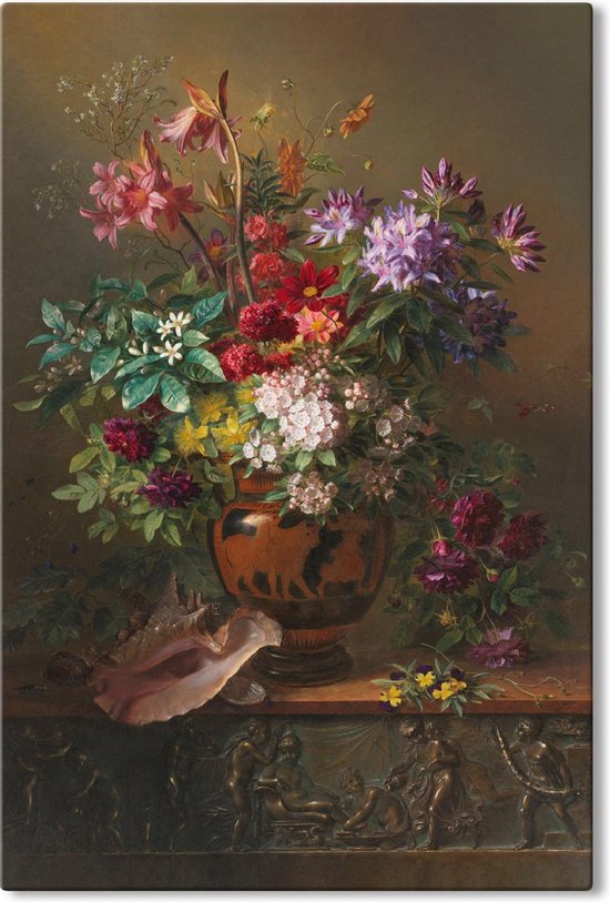 Canvas Schilderij Stilleven met bloemen in een Griekse vaas - Georgius Jacobus Johannes van Os - 100x150 cm