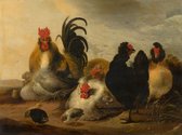 Schilderij - Gijsbert Gillisz d' Hondecoeter, Haan en kippen in een landschap, 1651