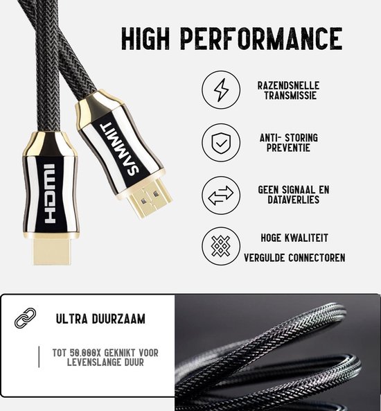 SAMMIT HDMI Kabel 2.0 Full HD Gold Plated – HDMI naar HDMI Kabel - Ultra HD 4K - TV - PC - Laptop - Console – 1,5 Meter - SAMMIT
