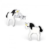 Aramat jewels ® - Kinder oorbellen unicorn 925 zilver zwart wit 8mm x 10mm