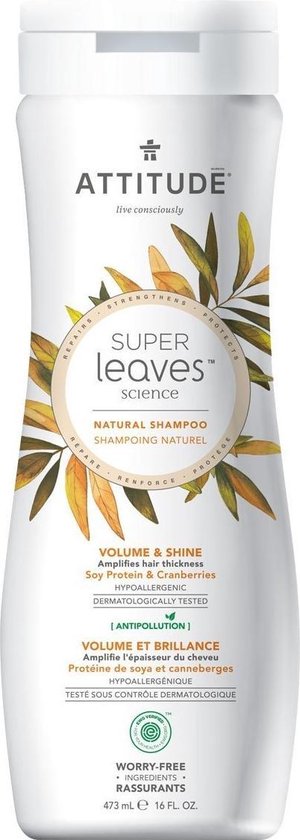 Witte fles met bladerenmotief. "Super Leaves" natuurlijke shampoo volume & glans. Hypoallergeen.